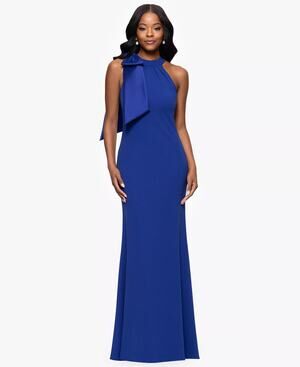 NWT Betsy & Adam Navy Bow-Embellished Halter Neck Sleeveless Gown Size 6P